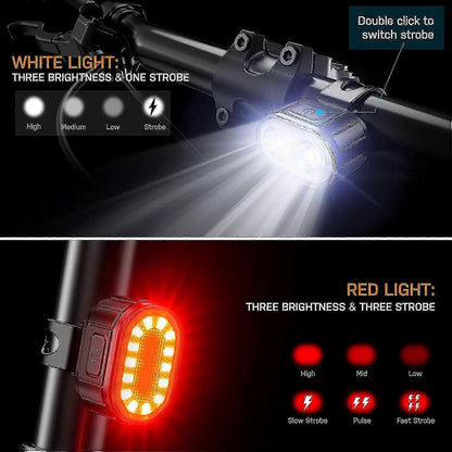 Powerful LED Bike Light Set - IPX5 Waterproof, USB Rechargeable, Front & Rear V1263-JX-6022