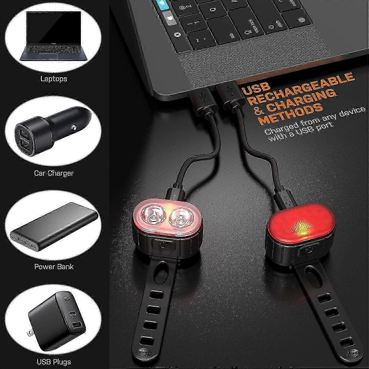 Powerful LED Bike Light Set - IPX5 Waterproof, USB Rechargeable, Front & Rear V1263-JX-6022
