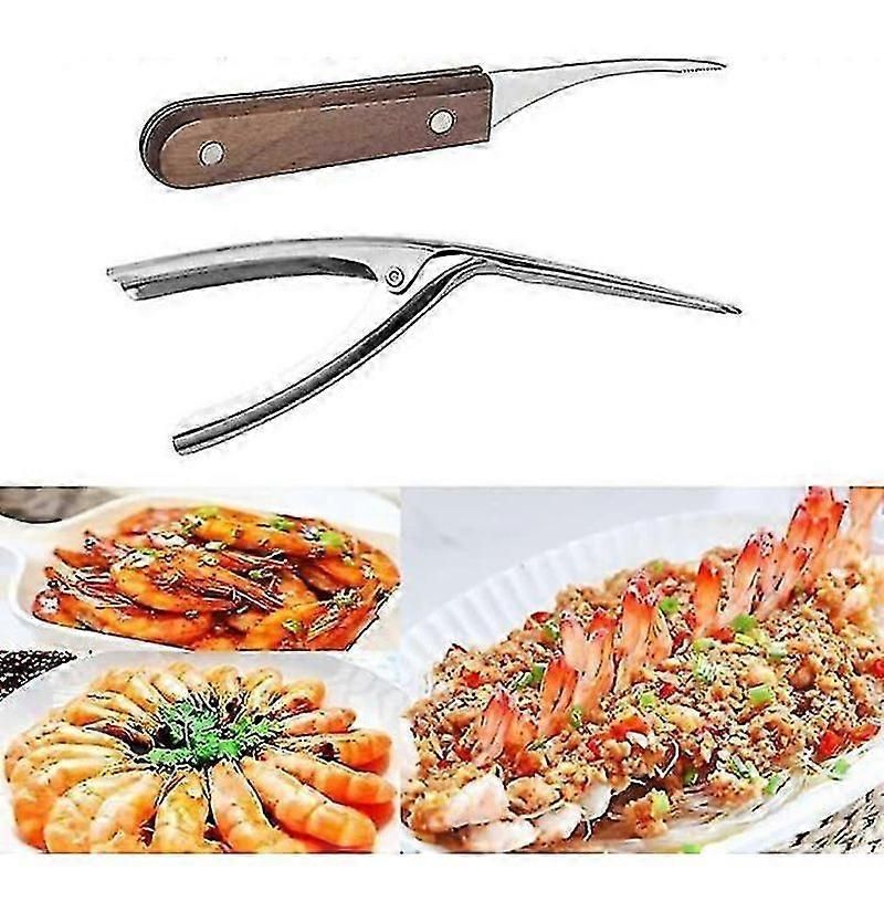 2pcs Stainless Steel Shrimp Cleaner & Deveiner - Wooden Handle, for Shrimp/Crayfish/Lobster V1263-JX-6040