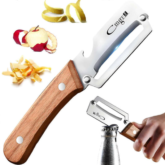 Stainless Steel Vegetable Peeler with Wooden Handle - Sharp Blade & Bottle Opener V1263-JX-6042