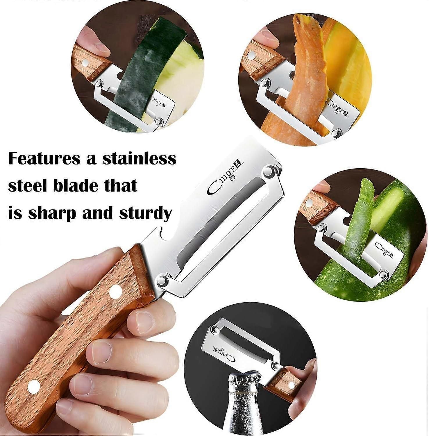 Stainless Steel Vegetable Peeler with Wooden Handle - Sharp Blade & Bottle Opener V1263-JX-6042
