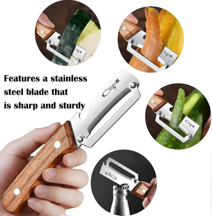 Stainless Steel Vegetable Peeler with Wooden Handle - Sharp Blade & Bottle Opener V1263-JX-6042