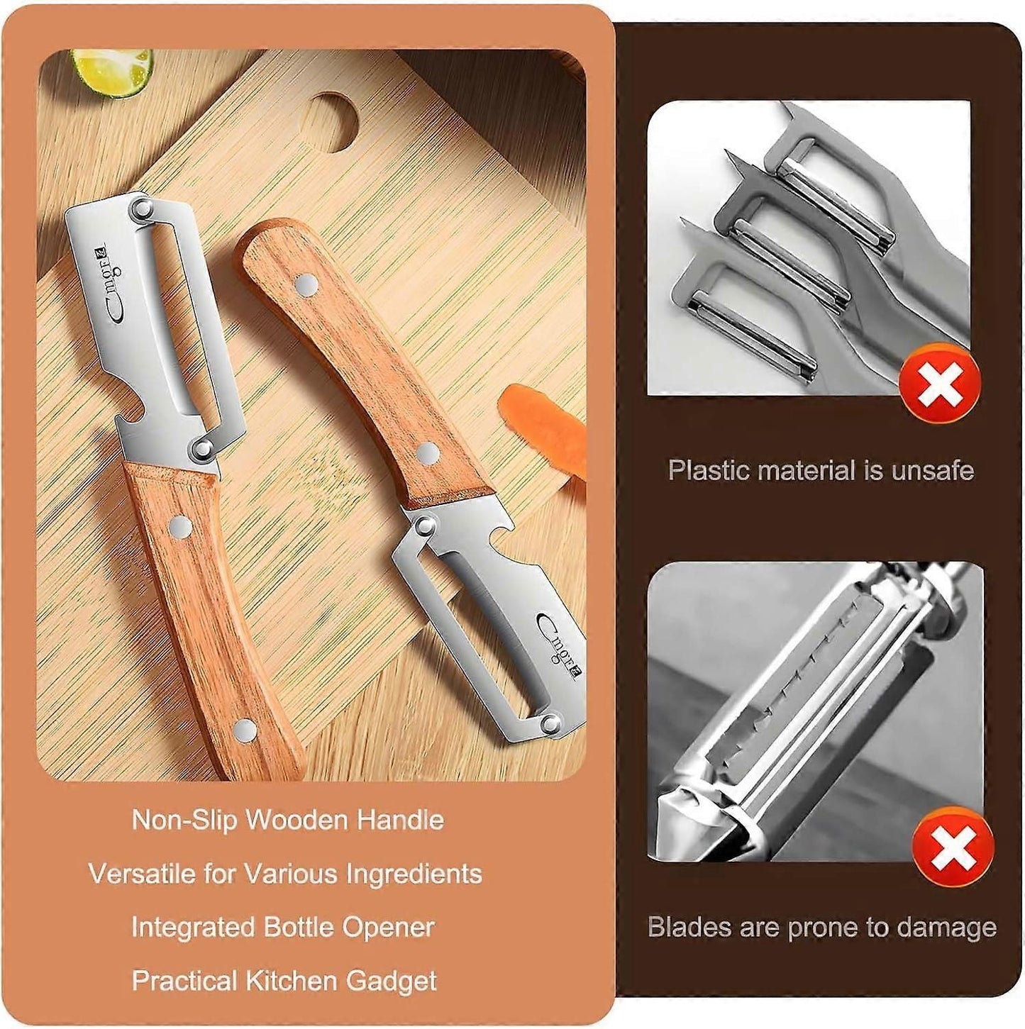 Stainless Steel Vegetable Peeler with Wooden Handle - Sharp Blade & Bottle Opener V1263-JX-6042
