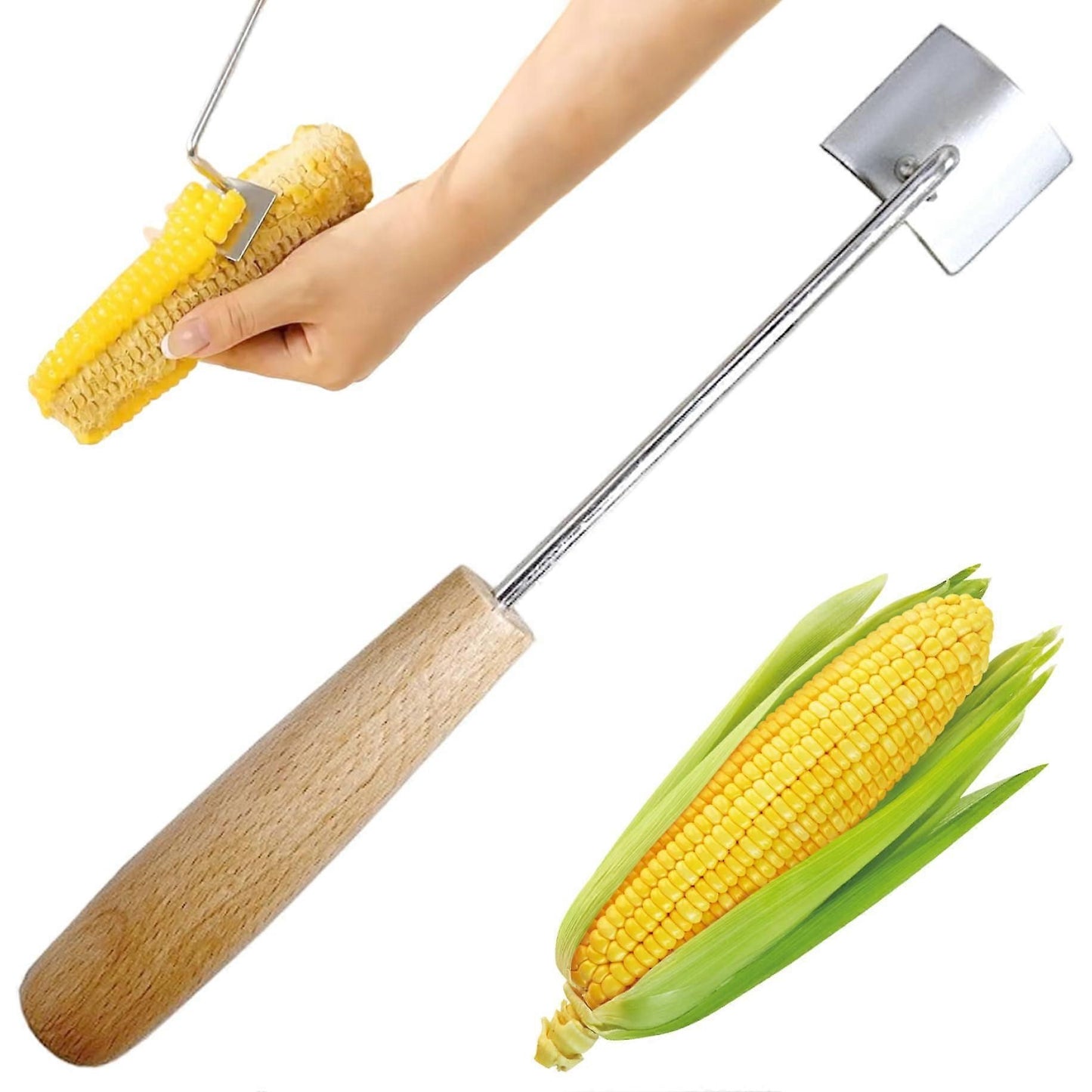 2PCS Stainless Steel Corn Stripper with Wooden Handle - Fast Kernel Removal V1263-JX-6043