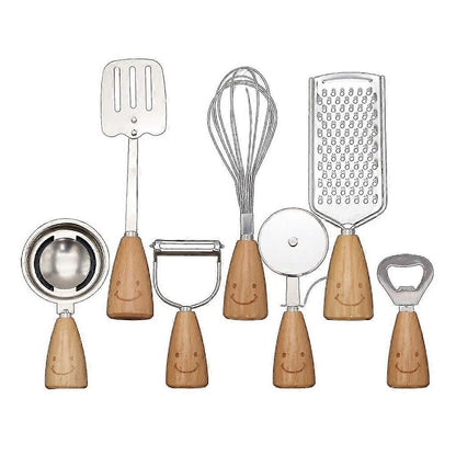 7-Piece Kitchen Tool Set - Vertical Wooden Handle: Grater, Whisk, Peeler, Spatula & More V1263-JX-6044