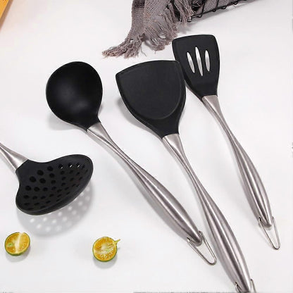 Reusable Kitchen Utensil Set - Non-Stick, Black, Stainless Steel & Silicone V1263-JX-6067