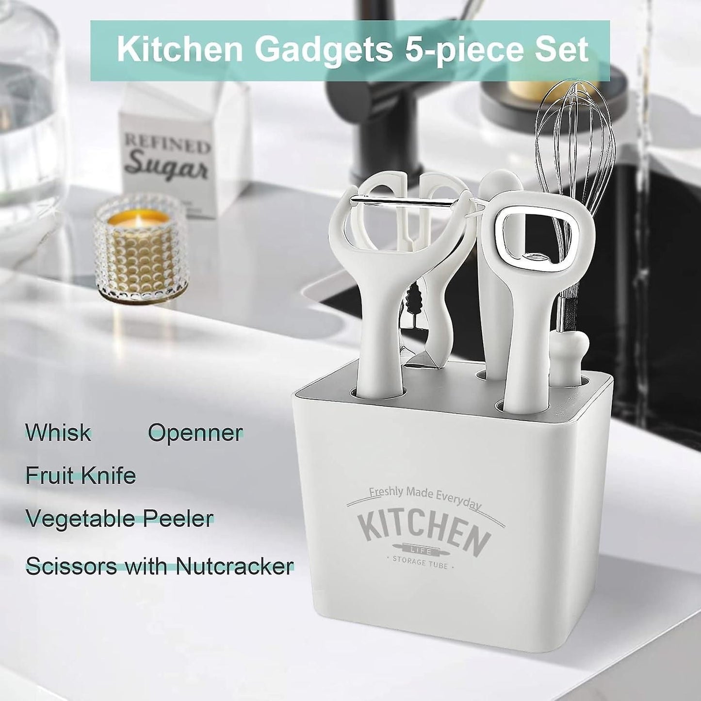 5-Piece Kitchen Gadget Set - Stainless Steel with Wooden Handles, Storage Box V1263-JX-6068