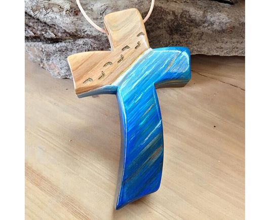 Creative Wooden Cross Polished Colorfast Decorative Wood Cross Hanging Pendant Home Decoration-Blue V1263-JX-609