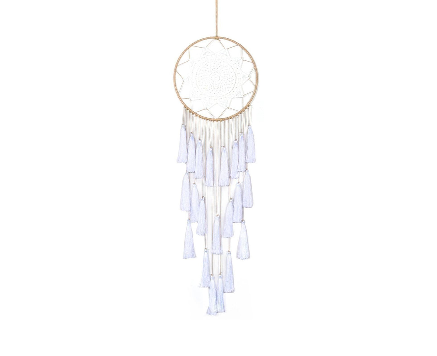 Round Handmade Wall Hanging Wind Chime Dream Catcher with Tassel Home Decor-White V1263-JX-618