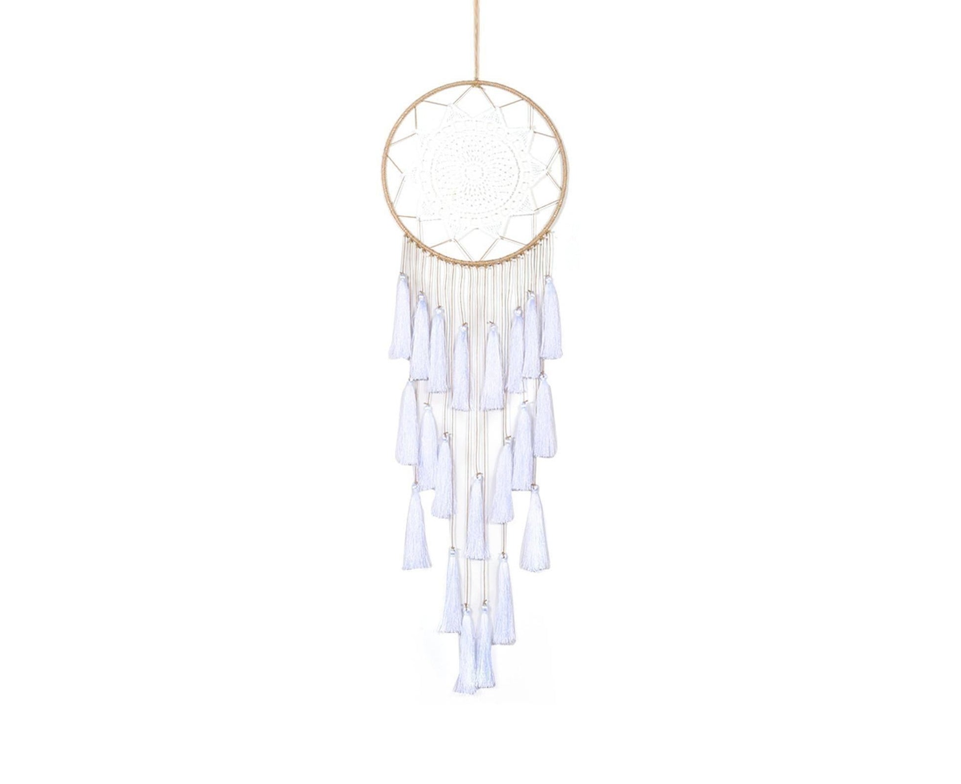 Round Handmade Wall Hanging Wind Chime Dream Catcher with Tassel Home Decor-White V1263-JX-618