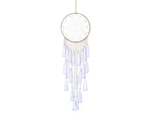 Round Handmade Wall Hanging Wind Chime Dream Catcher with Tassel Home Decor-White V1263-JX-618