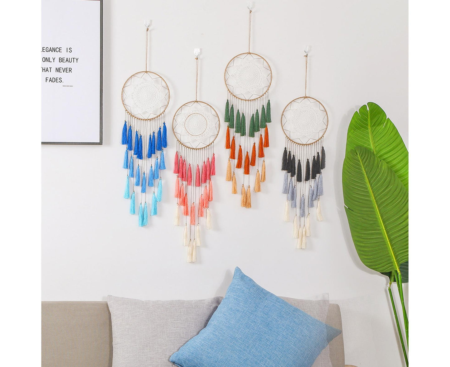 Round Handmade Wall Hanging Wind Chime Dream Catcher with Tassel Home Decor-White V1263-JX-618