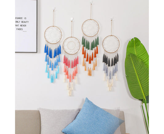Round Handmade Wall Hanging Wind Chime Dream Catcher with Tassel Home Decor-White V1263-JX-618