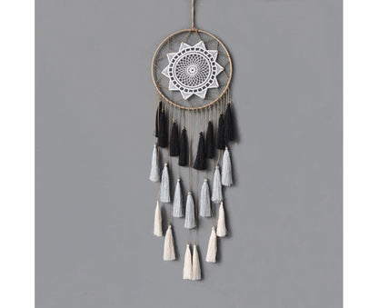 Round Handmade Wall Hanging Wind Chime Dream Catcher with Tassel Home Decor-White V1263-JX-618