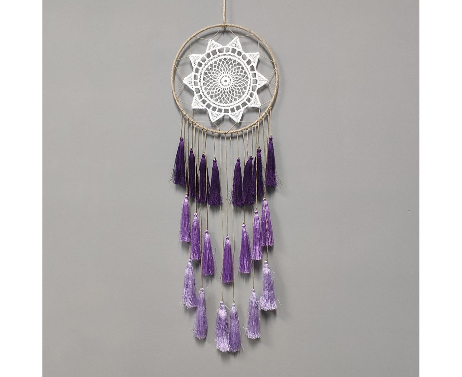 Round Handmade Wall Hanging Wind Chime Dream Catcher with Tassel Home Decor-White V1263-JX-618