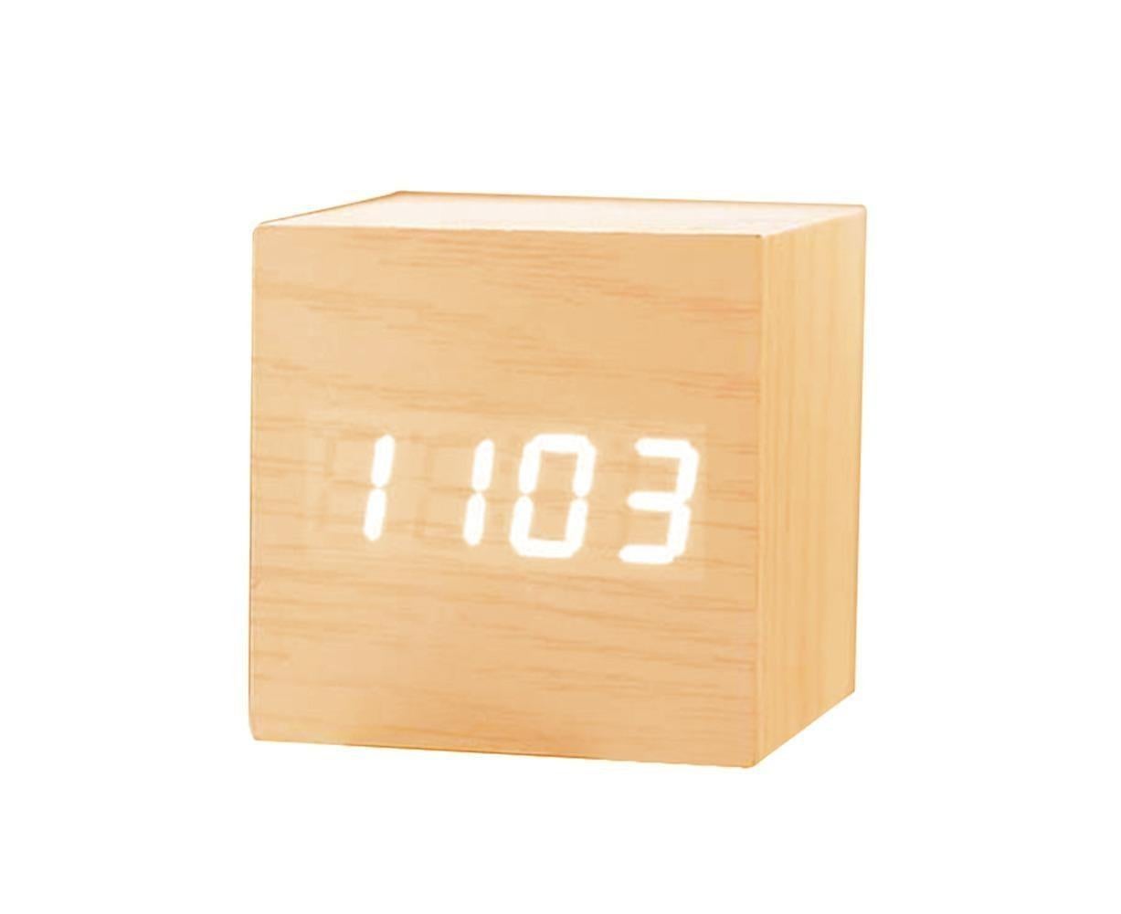 Wooden Sound Control Square LED Digital USB/AAA Electronic Table Alarm Clock - Beige Yellow V1263-JX-625