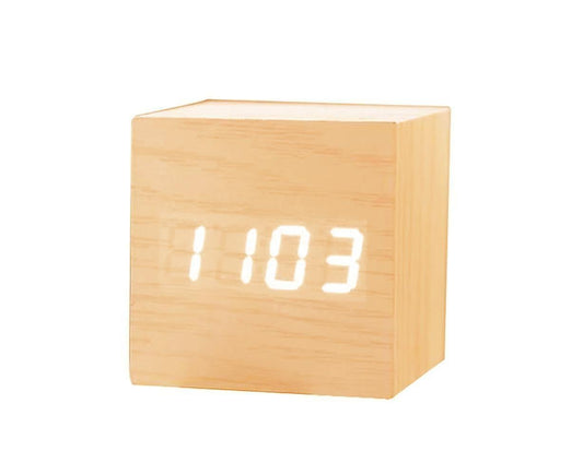 Wooden Sound Control Square LED Digital USB/AAA Electronic Table Alarm Clock - Beige Yellow V1263-JX-625