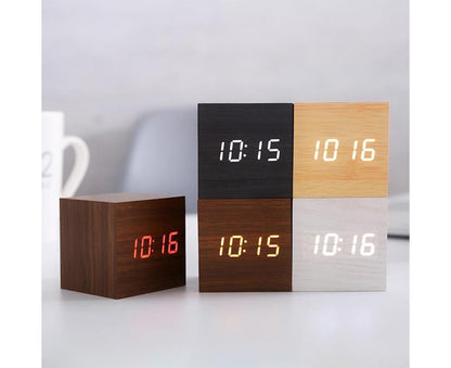Wooden Sound Control Square LED Digital USB/AAA Electronic Table Alarm Clock - Beige Yellow V1263-JX-625