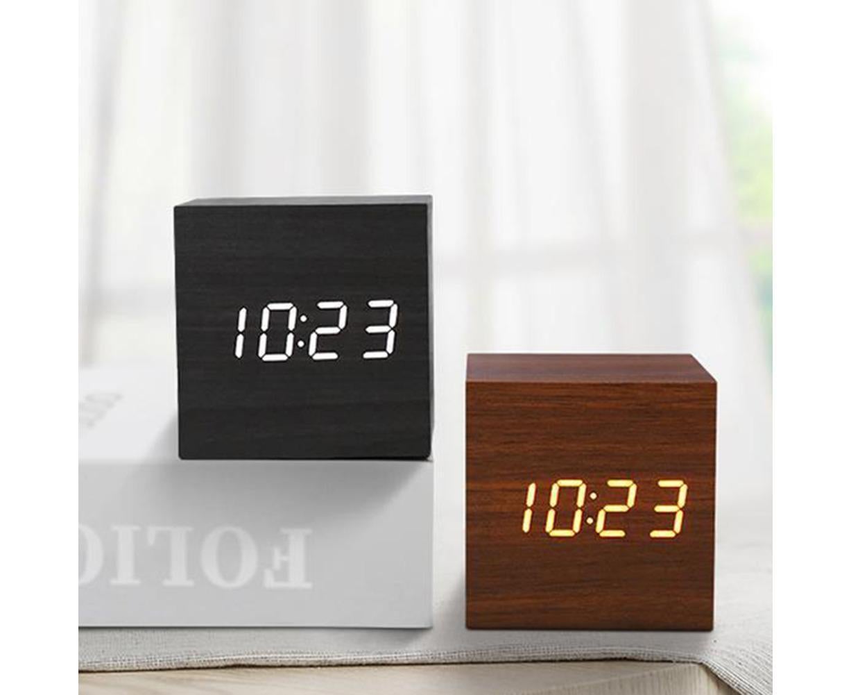 Wooden Sound Control Square LED Digital USB/AAA Electronic Table Alarm Clock - Beige Yellow V1263-JX-625