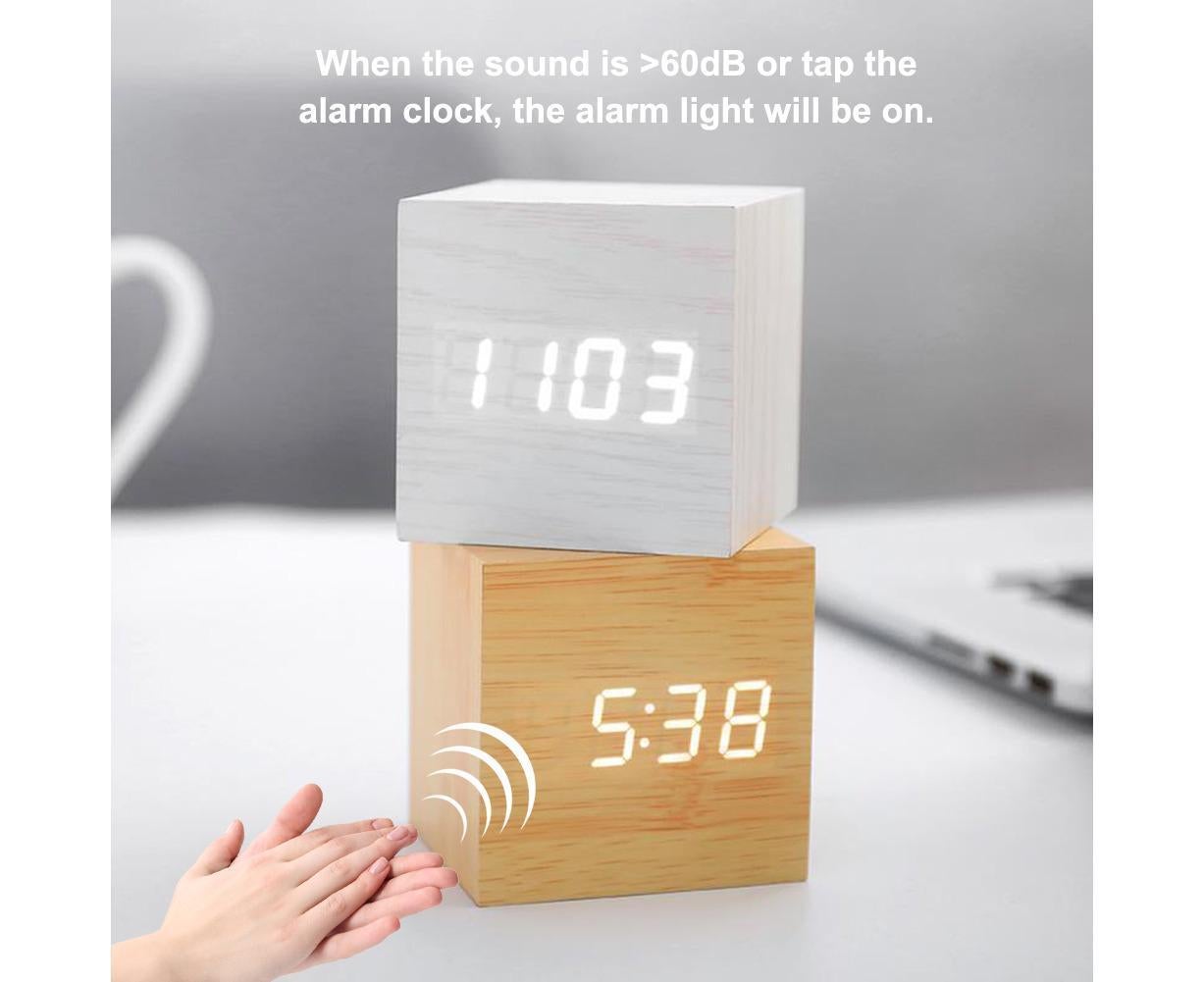 Wooden Sound Control Square LED Digital USB/AAA Electronic Table Alarm Clock - Beige Yellow V1263-JX-625