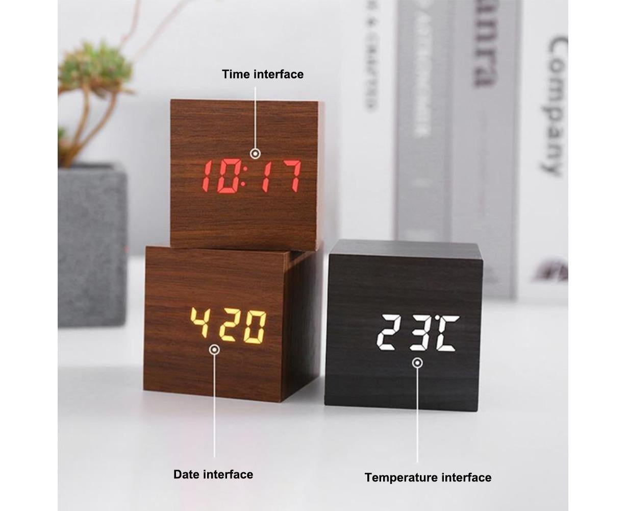 Wooden Sound Control Square LED Digital USB/AAA Electronic Table Alarm Clock - Beige Yellow V1263-JX-625