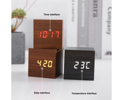 Wooden Sound Control Square LED Digital USB/AAA Electronic Table Alarm Clock - Beige Yellow V1263-JX-625