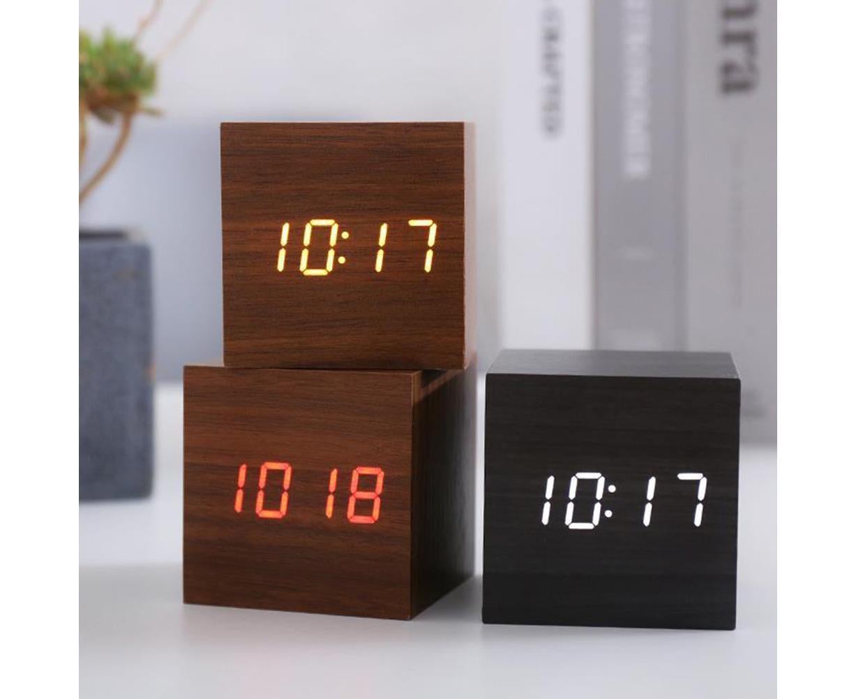 Wooden Sound Control Square LED Digital USB/AAA Electronic Table Alarm Clock - Beige Yellow V1263-JX-625