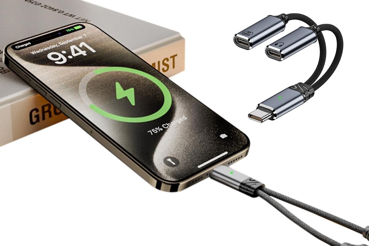 2 In 1 Audio Charger Splitter Dual USB C Headphone And Charger Adapter Audio Dongle Cable - Grey V1263-JX-6296