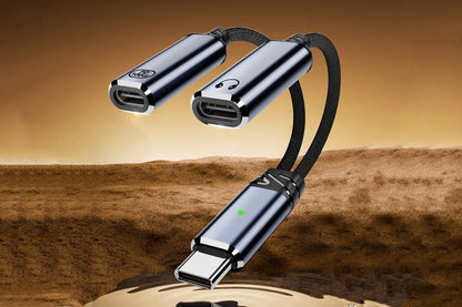 2 In 1 Audio Charger Splitter Dual USB C Headphone And Charger Adapter Audio Dongle Cable - Grey V1263-JX-6296