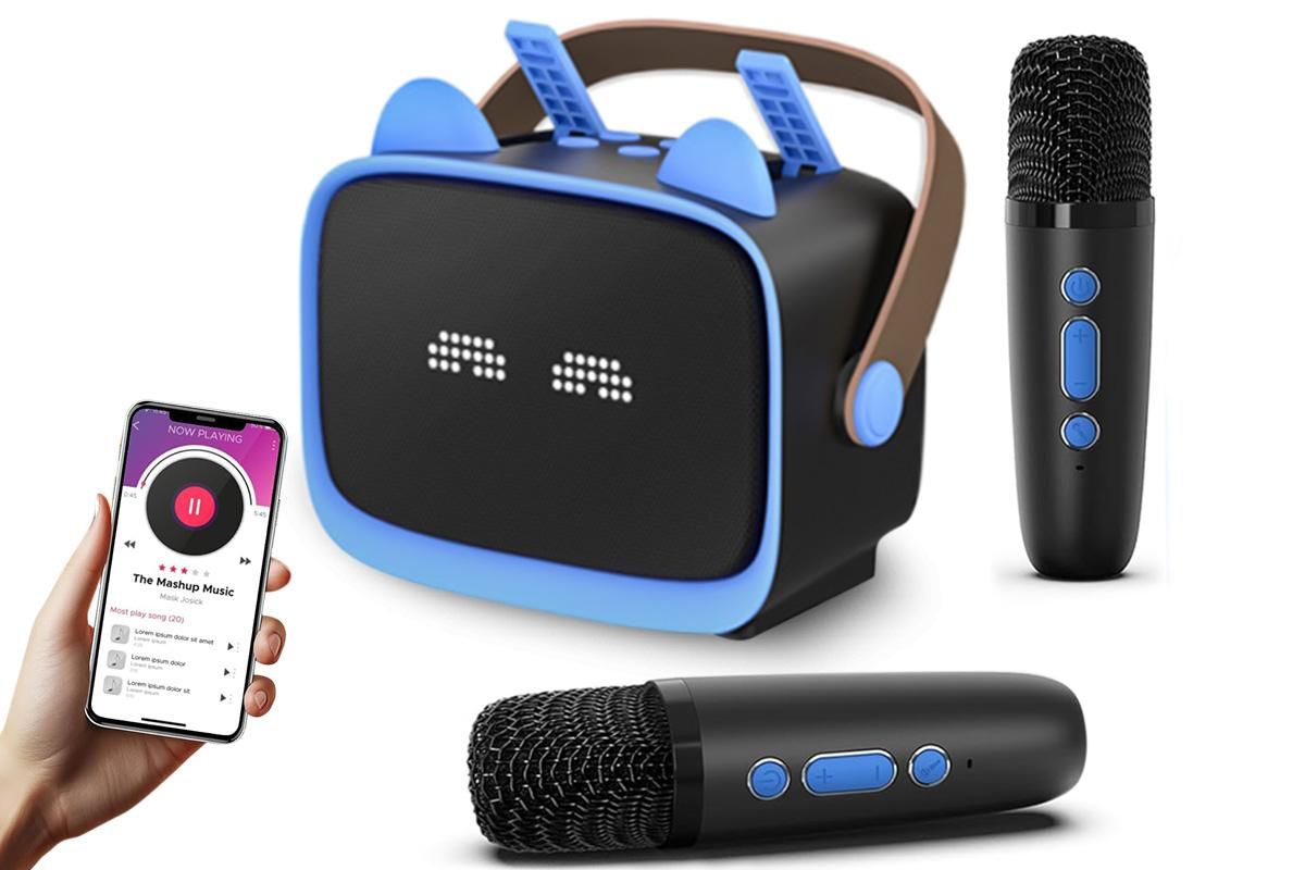 Mini Karaoke Machine Toys Gifts Portable MP3 Player with 2 Wireless Microphone - Blue V1263-JX-6300-1