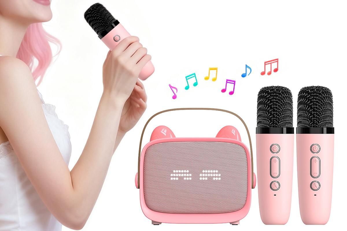 Mini Karaoke Machine Toys Gifts Portable MP3 Player with 2 Wireless Microphone - Blue V1263-JX-6300-1