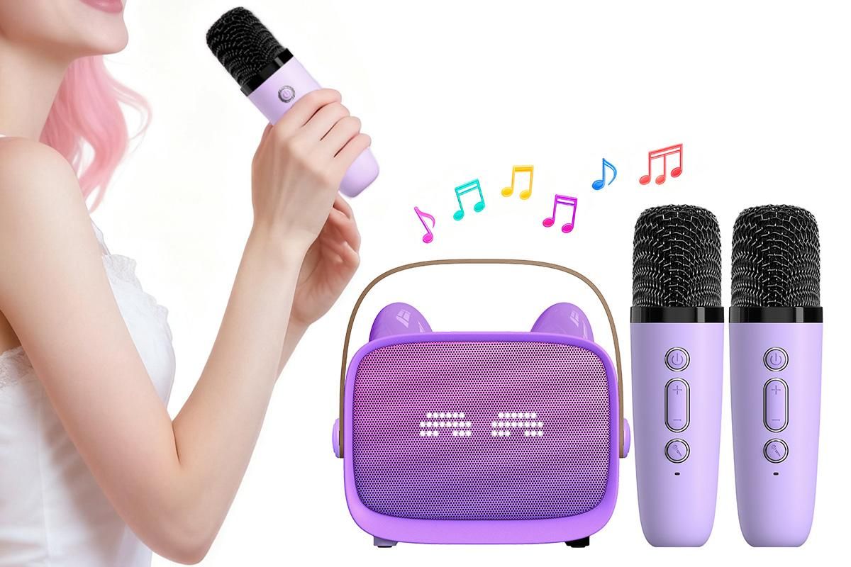 Mini Karaoke Machine Toys Gifts Portable MP3 Player with 2 Wireless Microphone - Purple V1263-JX-6300-2