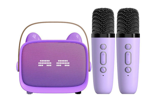 Mini Karaoke Machine Toys Gifts Portable MP3 Player with 2 Wireless Microphone - Purple V1263-JX-6300-2