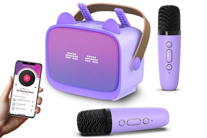 Mini Karaoke Machine Toys Gifts Portable MP3 Player with 2 Wireless Microphone - Purple V1263-JX-6300-2