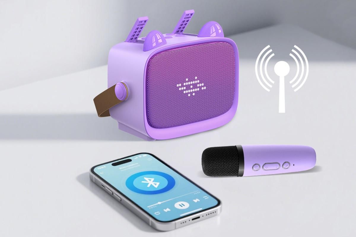 Mini Karaoke Machine Toys Gifts Portable MP3 Player with 2 Wireless Microphone - Purple V1263-JX-6300-2