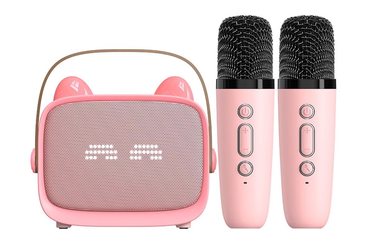 Mini Karaoke Machine Toys Gifts Portable MP3 Player with 2 Wireless Microphone - Pink V1263-JX-6300-3