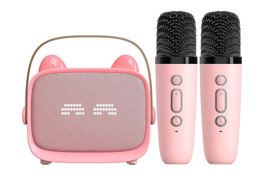 Mini Karaoke Machine Toys Gifts Portable MP3 Player with 2 Wireless Microphone - Pink V1263-JX-6300-3