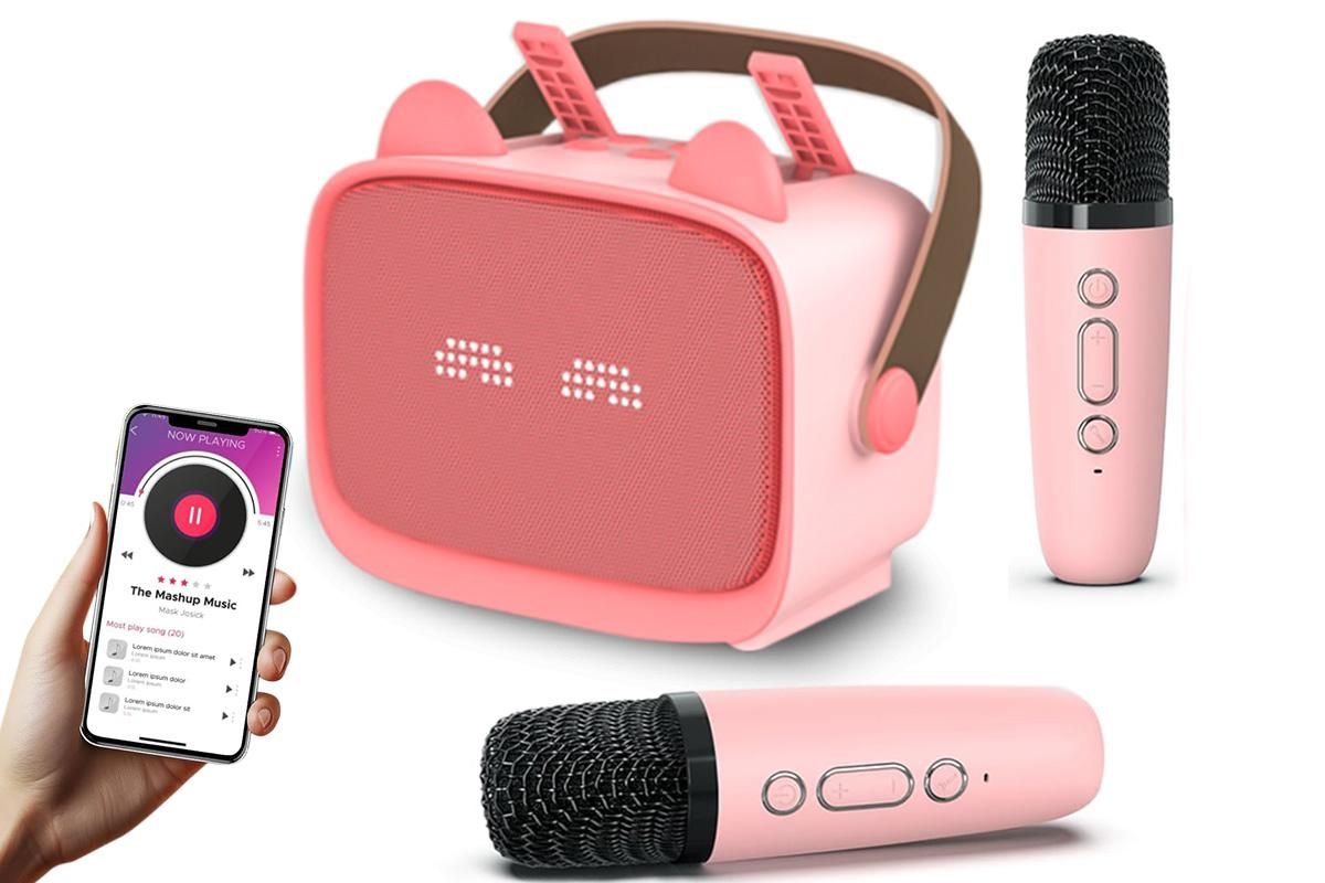 Mini Karaoke Machine Toys Gifts Portable MP3 Player with 2 Wireless Microphone - Pink V1263-JX-6300-3