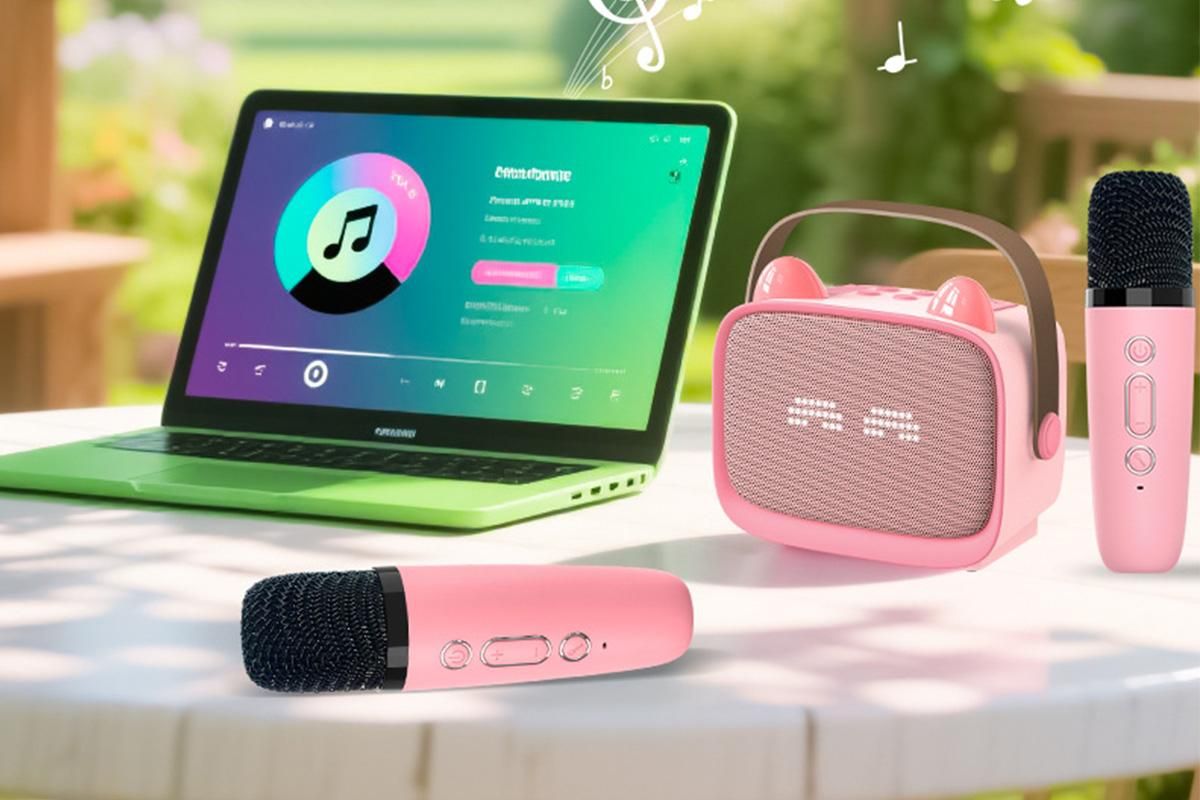 Mini Karaoke Machine Toys Gifts Portable MP3 Player with 2 Wireless Microphone - Pink V1263-JX-6300-3