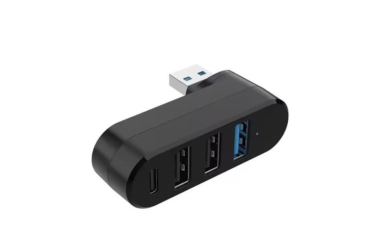 4 Port USB Hub Rotatable 180 Degrees USB Splitter with Type-C for Laptop - Black V1263-JX-6328-1