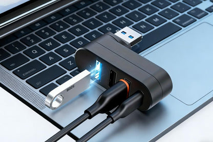 4 Port USB Hub Rotatable 180 Degrees USB Splitter with Type-C for Laptop - Black V1263-JX-6328-1