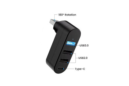 4 Port USB Hub Rotatable 180 Degrees USB Splitter with Type-C for Laptop - Black V1263-JX-6328-1