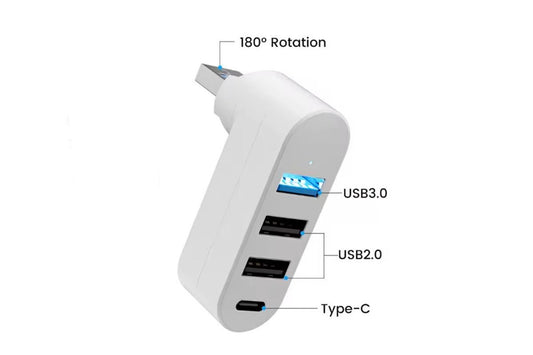 4 Port USB Hub Rotatable 180 Degrees USB Splitter with Type-C for Laptop - White V1263-JX-6328-2