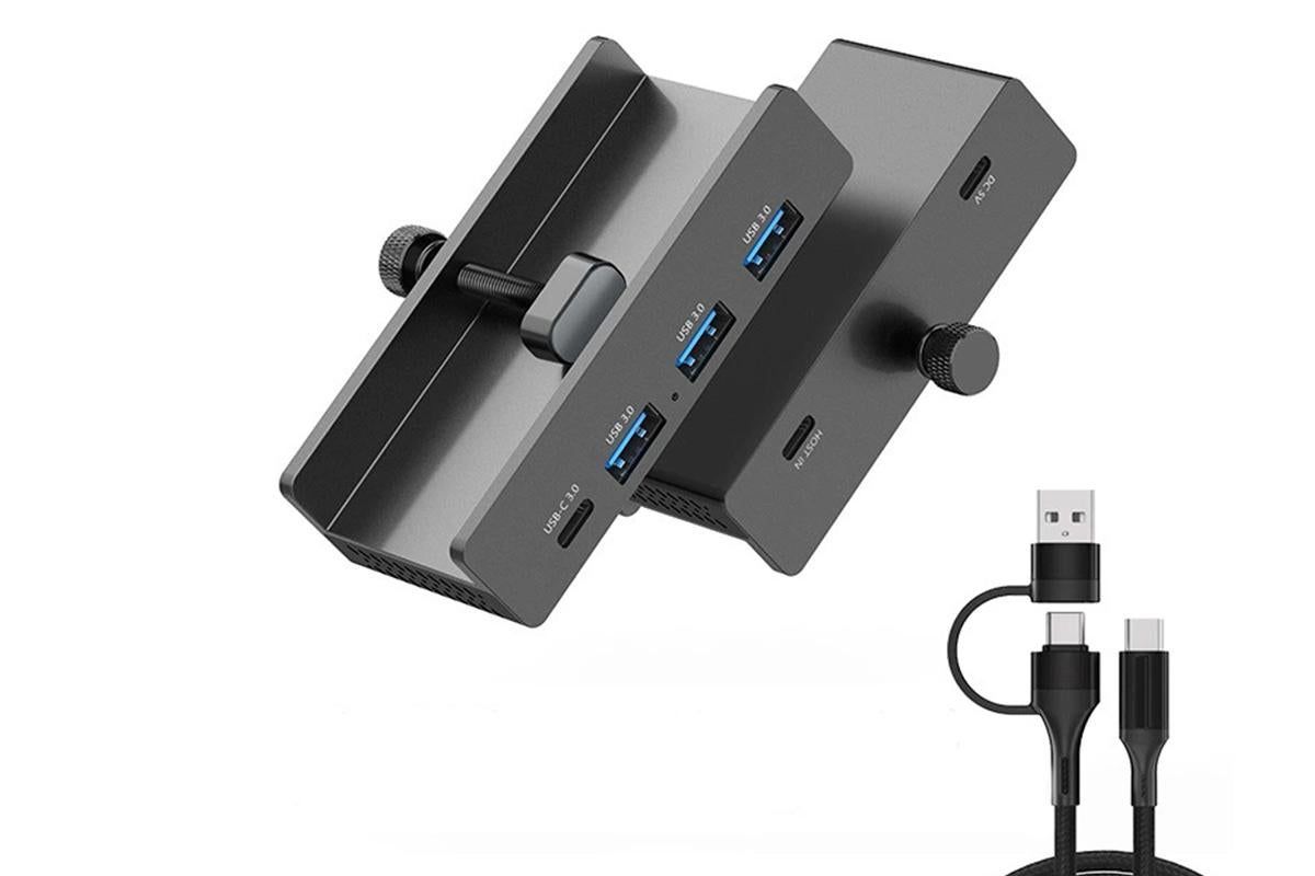 USB Hub 3.0 Aluminum 4-Port USB Adapter with 3 USB-A Data Ports for Monitors Desks - Black V1263-JX-6335-1