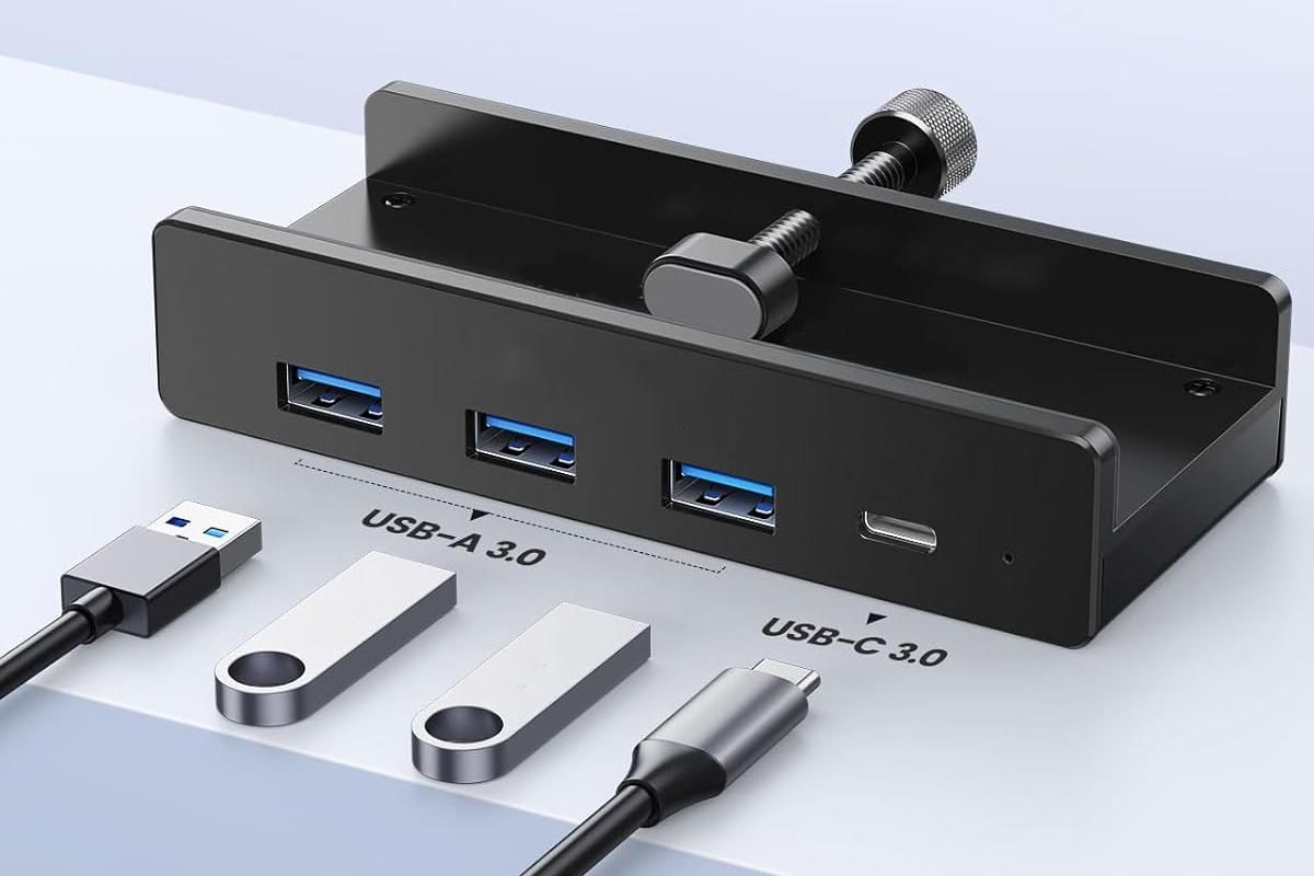 USB Hub 3.0 Aluminum 4-Port USB Adapter with 3 USB-A Data Ports for Monitors Desks - Black V1263-JX-6335-1