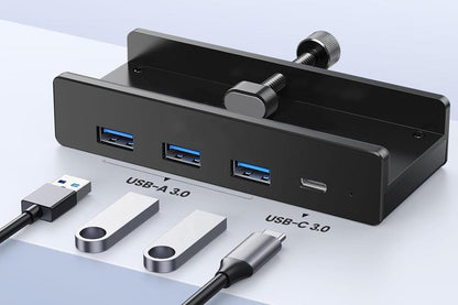 USB Hub 3.0 Aluminum 4-Port USB Adapter with 3 USB-A Data Ports for Monitors Desks - Black V1263-JX-6335-1