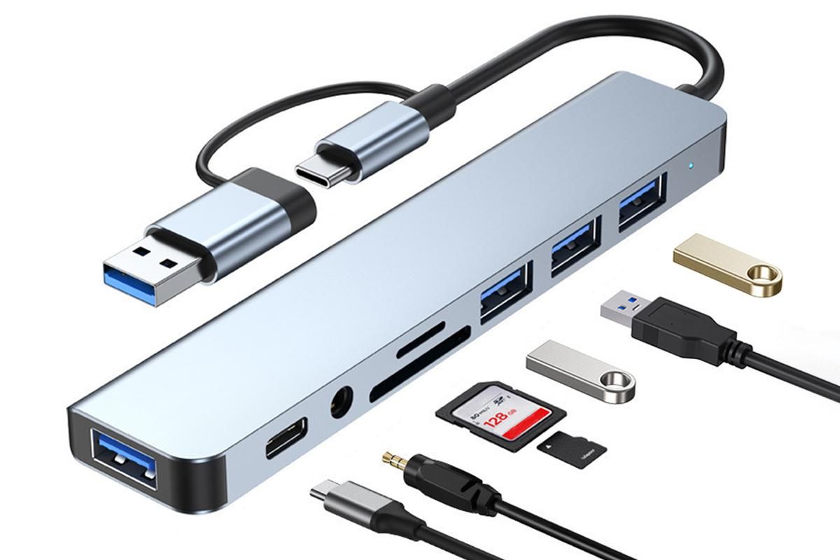 Multifunction Splitter Docking Hub 8 In 1 USB-C And USB-3.0 HUB Multiport Adapter for Laptop Tablet Devices V1263-JX-6341