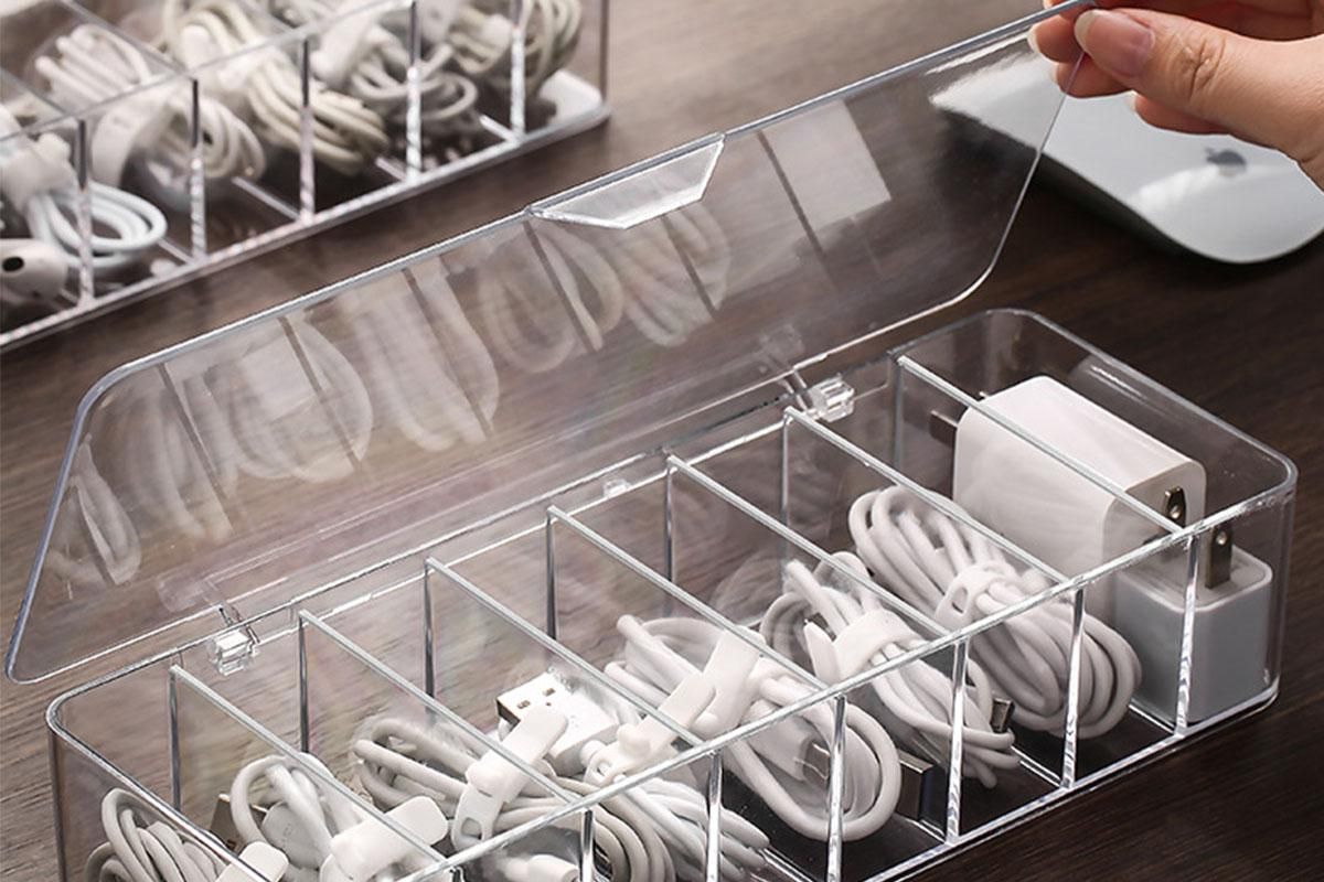 Cable Organizer Storage Box Desktop Power Cord Organizer with 7 Compartments for Office V1263-JX-6351