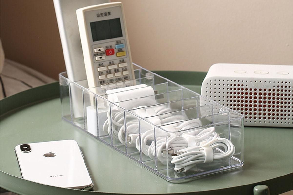 Cable Organizer Storage Box Desktop Power Cord Organizer with 7 Compartments for Office V1263-JX-6351
