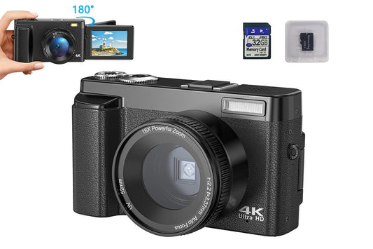 4K Digital Camera for Outdoor Photography With 32GB TF Card 180 Degree Flip Screen 16X Zoom 48MP Autofocus V1263-JX-6367